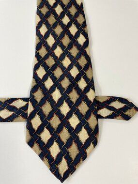 Louis Feraud Silk Tie Navy Tan Gold Geometric Abstract Designer Necktie